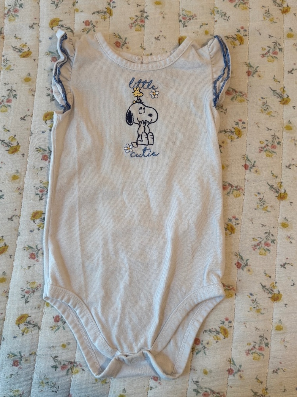 Baby Bodysuit Snoopy Woodstock Little Cutie White Ruffle Sleeve 6-12 Months